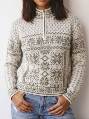 Obermeyer Fair Isle Sweater Wool Cream Tan Quarter Zip Ski Cabincore Winter XL